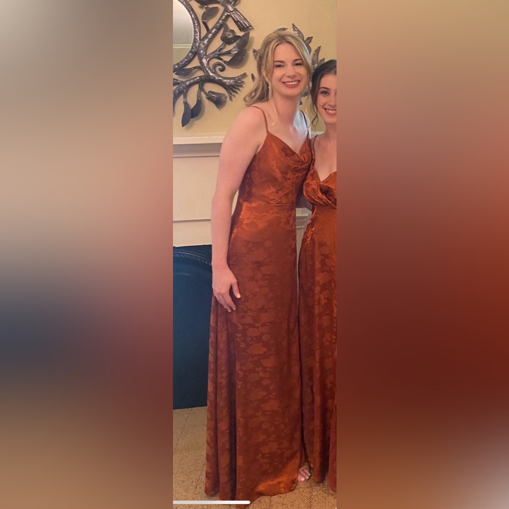Satin Floral-Texture Slip Dress in Rust